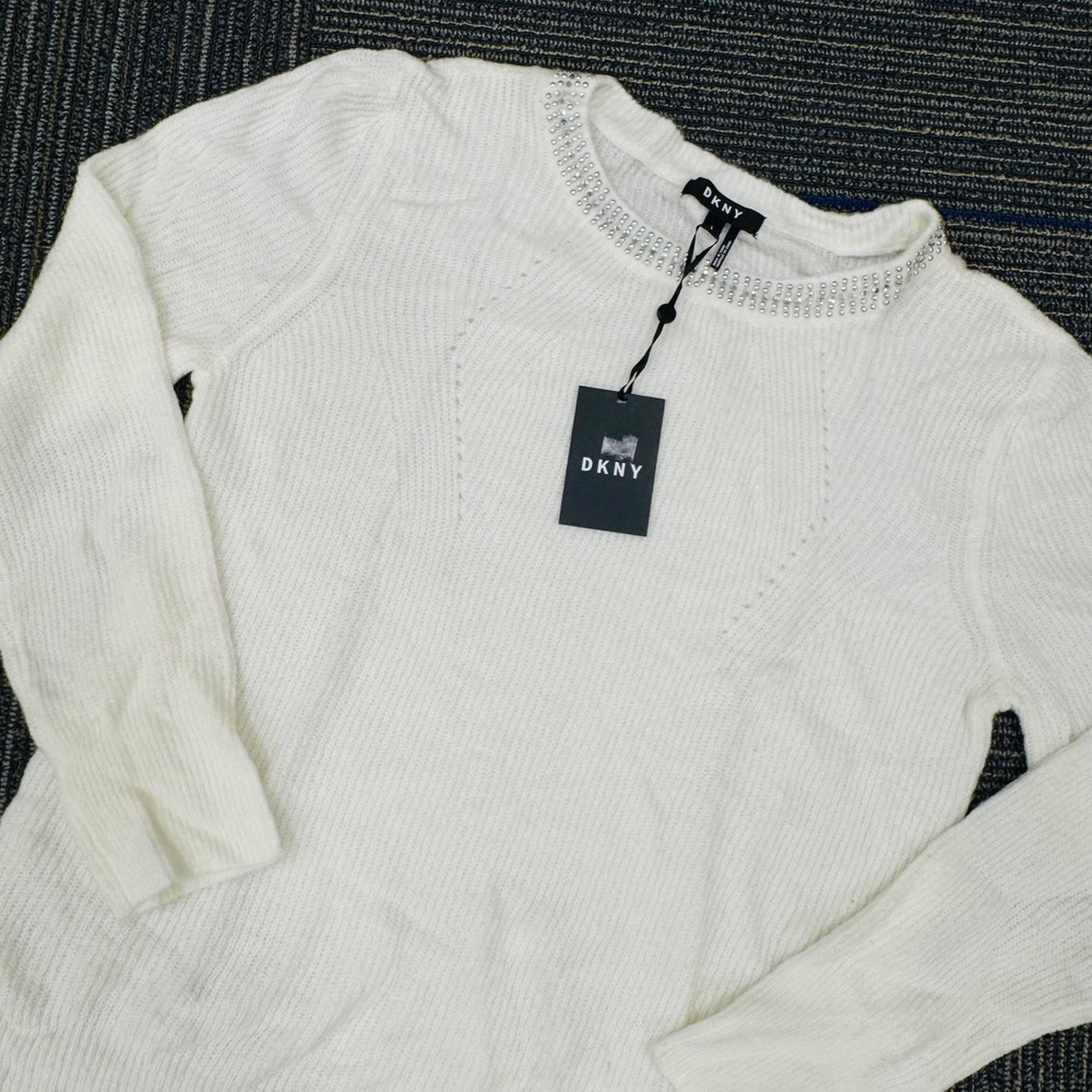 DKNY Womens White Rhinestone Embellished Crew Neck Long Sleeve‎ Sweater Size L